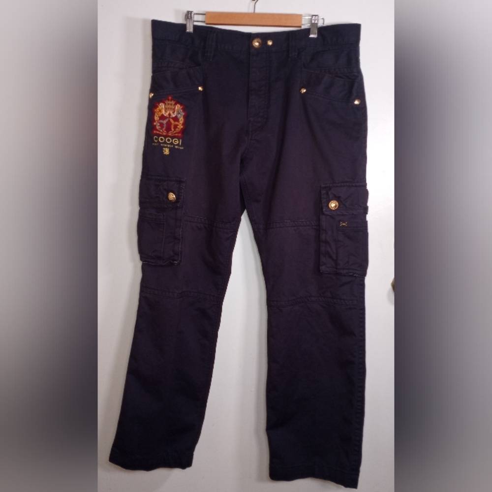 Coogi Mens Blue Cargo Pants W38 Embroidered Gold Hardware Y2K Streetwear Crest